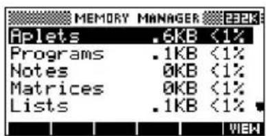 MEMORY MANAGER Aplets .6KB <1% Programs .1KB <1% Notes 0KB <1% Matrices 0KB <1% Lists .1KB <1%