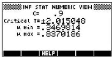 INF STAT NUMERIC VIEW C= .9 Critical T=±2.015048 M Hin = .3469814 M HOX = .8370186 HELP