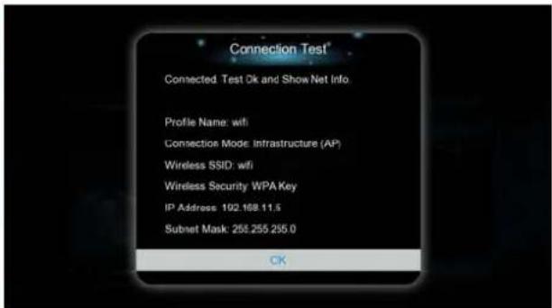 Connection Test Connected Test Ok and Show Net Info Profile Name: wifi Consection Mode: infrastructure (AP) Wireless SSID: wifi Wireless Security WPA Key IP Address: 102.168.11.5 Subset Mask: 255.255.255.0