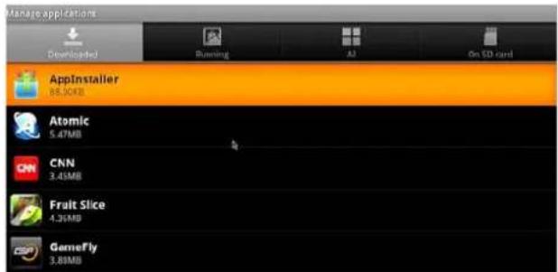 Manage applications Downloaded Running All On SD card AppInstaller 85.30KB Atomic 5.47MB CNN 3.43MB Fruit Slice 4.36MB GameFly 3.88MB