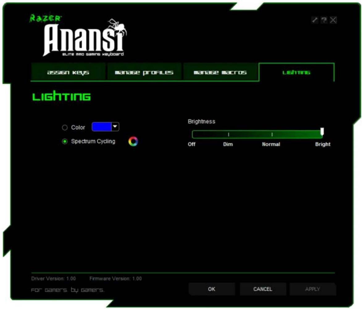 RAZER Anansi EURA MIO gaming keyboard assign keys manage profiles manage macros lighting Lighting Color Spectrum Cycling Brightness Off Dim Normal Bright Driver Version: 1.00 Firmware Version: 1.00 for gamers by gamers. OK CANCEL APPLY