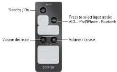 Standby / On Press to select input model: AUX— iPod/iPhone - Bluetooth Volume decrease Volume Increase EDIFIER