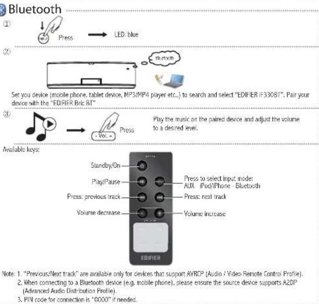 Bluetooth ① Press → LED: blue ② Set you device (mobile phone, tablet device, MP3/MP4 player etc.) to search and select "EDIFIER IF330BT". Pair your device with the "EDIFIER Bric BT" ③ Play the music on the paired device and adjust the volume to a desired level. Available keys: Standby/On Play/Pause…