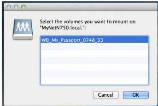 Select the volumes you want to mount on "MyNetN750.local." WD_My_Passport_0748_33 Cancel OK