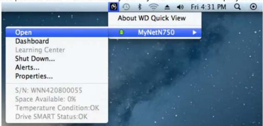 About WD Quick View Open MyNetN750 Dashboard Learning Center Shut Down... Alerts... Properties... S/N: WNN420800055 Space Available: 0% Temperature Condition:OK Drive SMART Status:OK