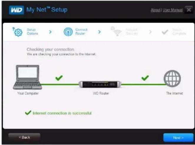 My Net™ Setup About 1 User Manual Setup Options > Connect Router > Connect Security > ✓ Check Compliant Checking your connection. We are checking your connection to the Internet. Your Computer WD Router The Internet ✓ Internet connection is successful < Back Next >