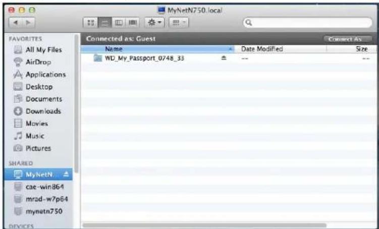 MyNetN750.local FAVORITES All My Files AirDrop Applications Desktop Documents Downloads Movies Music Pictures SHARED MyNetN cae-win864 mrad-w7p64 mynetn750 DEVICES Connected as: Guest Name Date Modified Connect As WD_My_Passport_0748_33 Size