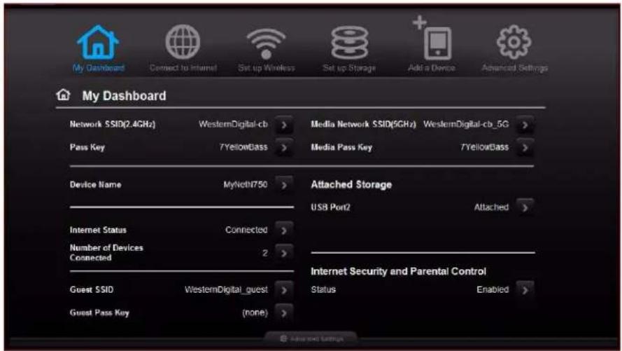 My Dashboard Network SSID(2.4GHz) WesternDigital-cb Pass Key 7YellowBass Device Name MyNch1750 Internet Status Connected Number of Devices Connected 2 Guest SSID WesternDigital_guest Guest Pass Key (none) Media Network SSID(5GHz) WesternDigital-cb_5G Media Pass Key 7YellowBass Attached Storage USB Port2 Attached Internet Security and Parental Control Status Enabled Advanced Settings