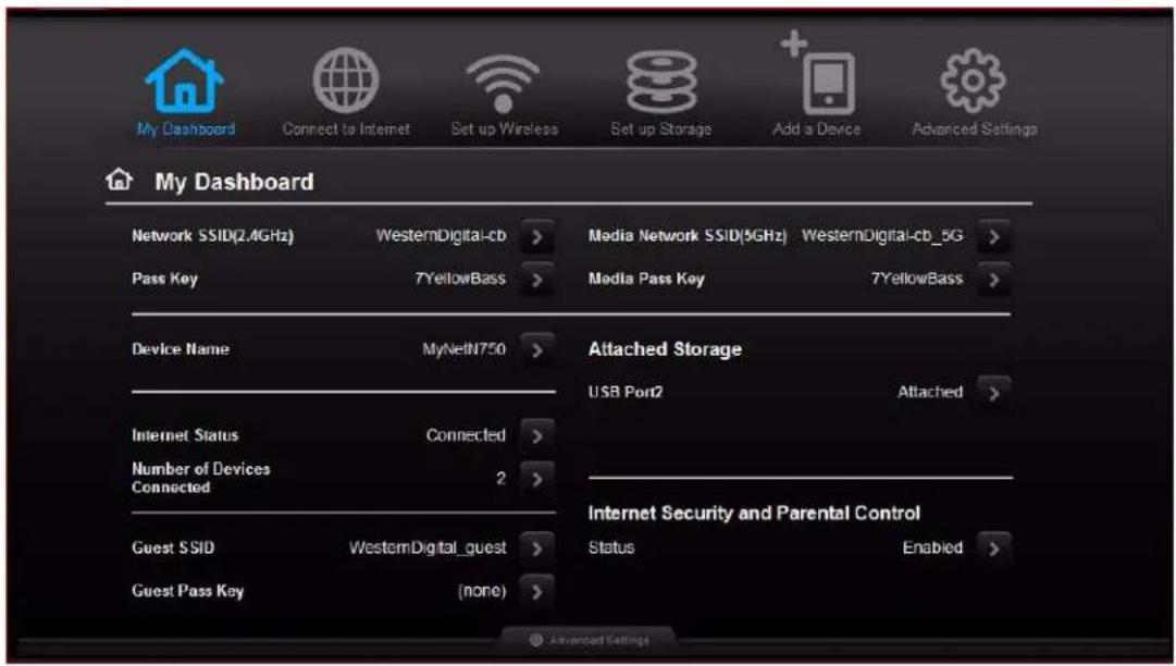 My Dashboard Network SSID(2.4GHz) WesternDigital-cb > Media Network SSID(3GHz) WesternDigital-cb_5G > Pass Key 7YellowBass > Media Pass Key 7YellowBass > Device Name MyNetN750 > Attached Storage Internet Status Connected > Number of Devices Connected 2 > Guest SSID WesternDigital_guest > Internet Security and Parental Control Guest Pass Key (none) > Status Enabled >
