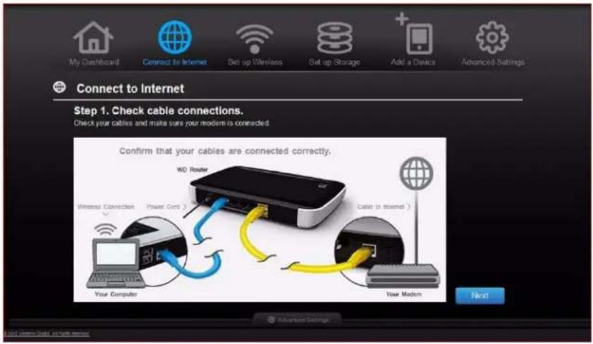 My Dashboard Connect to Internet Set up Wireless Set up Storage Add a Device Advanced Settings Connect to Internet Step 1. Check cable connections. Check your cables and make sure your modem is connected. Confirm that your cables are connected correctly. WD Router Wireless Connection Power Cord > Your Computer Cable to Internet > Your Modem Next Advanced Settings