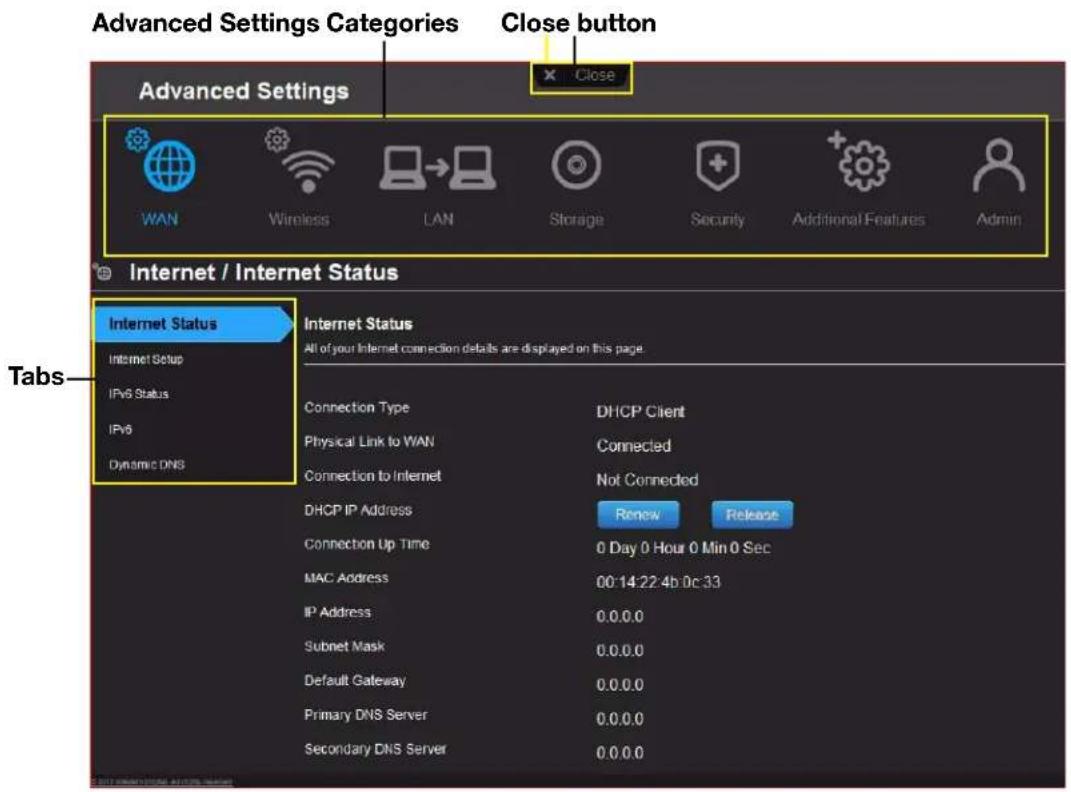 Advanced Settings Categories Close button Advanced Settings WAN Wireless LAN Storage Security Additional Features Admin Internet / Internet Status Internet Status Internet Setup IPv6 Status IPv6 Dynamic DNS Internet Status All of your Internet connection details are displayed on this page Connection Type DHCP Client Physical Link to WAN Connected Connection to Internet Not Connected DHCP IP Address Renew Release Connection Up Time 0 Day 0 Hour 0 Min 0 Sec MAC Address 00:14:22:4b:0c:33 IP Address 0.0.0.0 Subnet Mask 0.0.0.0 Default Gateway 0.0.0.0 Primary DNS Server 0.0.0.0 Secondary DNS Server 0.0.0.0 Tabs
