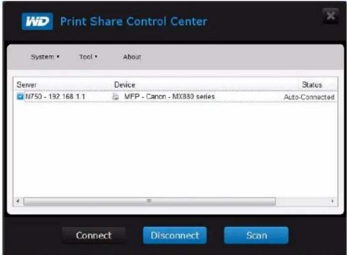 WD Print Share Control Center System Tool About Server Device Status N750 - 192 168.1.1 MFP - Canon - MX880 series Auto-Connected Connect Disconnect Scan