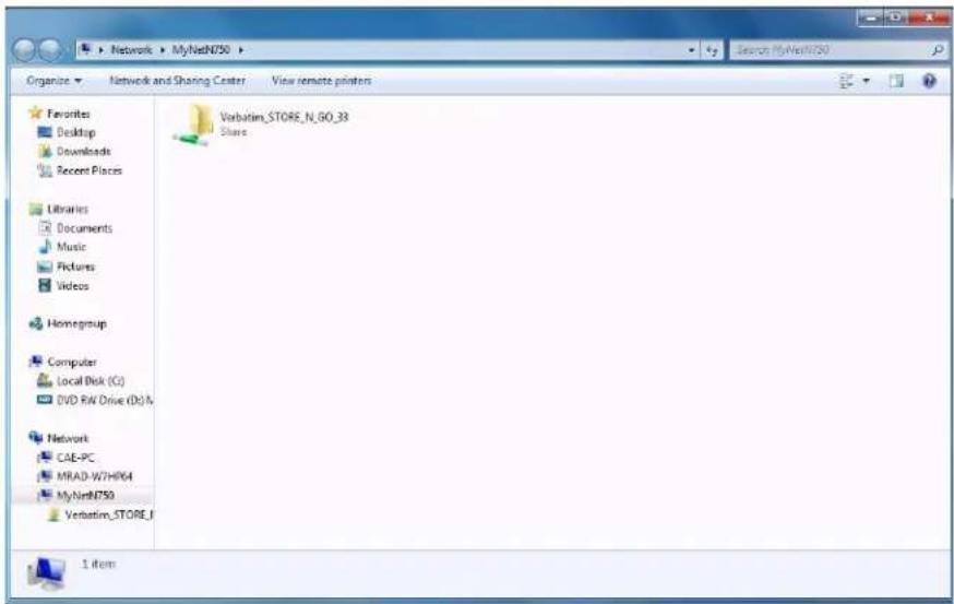 Network > MyNetN750 Organize > Network and Sharing Center View remote printers Favorites Desktop Downloads Recent Places Libraries Documents Music Pictures Videos Homegroup Computer Local Disk (C:) DVD RAW Drive (D:) N. Network CAE-PC MRAD-W7H964 MyNetN750 Verbatim_STORE_33 Share 1 item