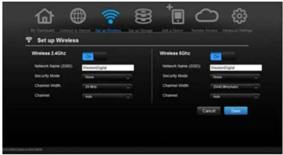 Set up Wireless Wireless 2.4Ghz Network Name (SSID) WesternDigital Security Mode None Channel Width 20 MHz Channel Auto Wireless 5Ghz Network Name (SSID) WesternDigital Security Mode None Channel Width 2040 MHz(Auto) Channel Auto Cancel Save