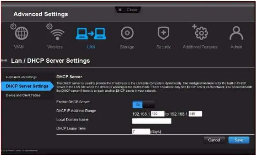 Advanced Settings WAN Wireless LAN Storage Security Additional Features Admin Lan / DHCP Server Settings Host and Lan Settings DHCP Server Settings Devices and Client Tabes DHCP Server The DHCP server is used to provide the IP address to the LAN side computers dynamically. The configuration here is for the built-in DHCP server in the LAN sites when the device is working in the router mode. There should be only one DHCP server each network. You should disasble the DHCP server if there is already another DHCP server in your network. Enable DHCP Server On DHCP IP Address Range 192.168.1 100 to 192.168.1 149 Local Domain Name DHCP Lease Time 7 days Cancel Save