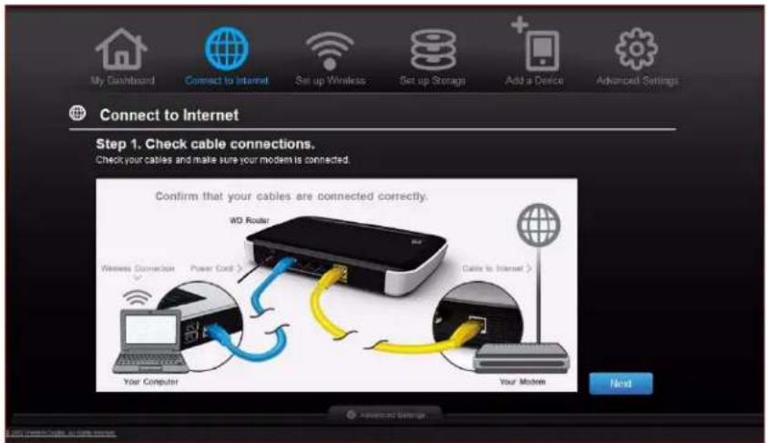 My Dashboard Connect to Internet Set up Wireless Set up Storage Add a Device Advanced Settings Connect to Internet Step 1. Check cable connections. Check your cables and make sure your modem is connected. Confirm that your cables are connected correctly. WD Router Wireless Connection Power Cord > Your Computer Cable to Internet > Your Modem Next Advanced Settings