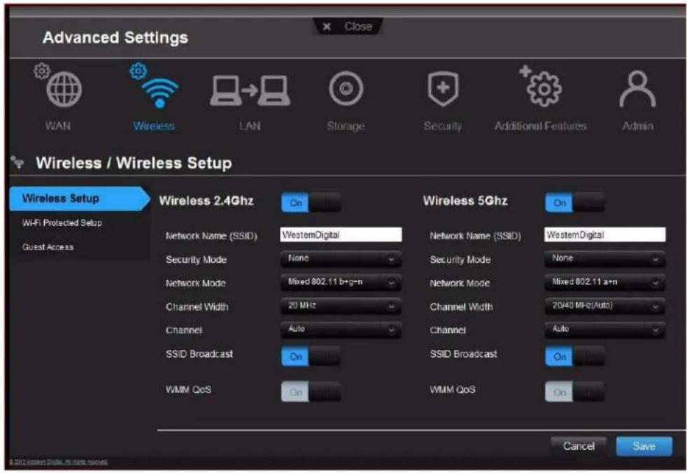 Advanced Settings WAN Wireless LAN Storage Security Additional Features Admin Wireless / Wireless Setup Wireless Setup Wi-Fi Protected Setup Guest Access Wireless 2.4Ghz On Network Name (SSID) WesternDigital Network Mode None Security Mode None Network Mode Mixed 802.11 b+gn Network Mode Channel Width 20 MHz Channel Width Channel Auto Channel 2040 MHz(Auto) SSID Broadcast On SSID Broadcast On WMM QoS WMM QoS On Cancel Save