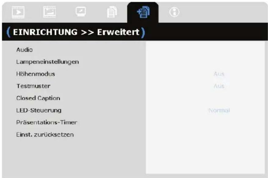 ( EINRICHTUNG >> Erweitert ) Audio Lampeneinstellungen Höhenmodus Testmuster Closed Caption LED-Steuerung Präsentations-Timer Einst. zurücksetzen