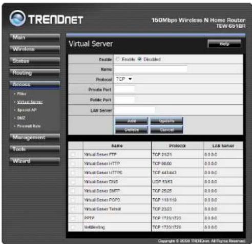 TRENDnet 150Mbps Wireless N Home Router TEW-651BR Main Wireless Status Routing Access Filter Virtual Ports Apache AP SMT Forward Rate Management Tools Wizard Virtual Server Enable ○ Enable ▼ Disasided Name Protocol TCP Private Port Public Port LAM Server Add Updates Delete Cancel Name Protocol LAM Server Virtual Server FTP TCP 2421 0.0.0.0 Virtual Server HTTP TCP 3600 0.0.0.0 Virtual Server HTTPS TCP 443443 0.0.0.0 Virtual Server DNS TCP 5343 0.0.0.0 Virtual Server SMTP TCP 2625 0.0.0.0 Virtual Server POP3 TCP 118119 0.0.0.0 Virtual Server Telnet TCP 2323 0.0.0.0 PPTP TCP 17201723 0.0.0.0 NetAsiting TCP 17201725 0.0.0.0 Copyright © 200M TRENDnet, All Rights Reserved