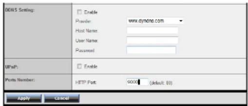 DEN5 Setting: Enable Provider: www.dymone.com Host Name: User Name: Password: UPaP: Enable Ports Number: HTTP Port: 0000 (default: 01) Apply Cancel