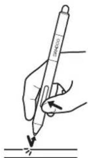 Diagram showing a hand holding a pen with a ruler and arrow indicating writing or drawing steps