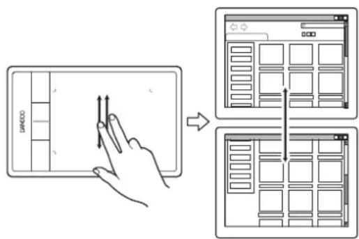 Diagram illustrating finger movement on a DARECO tablet and its corresponding layout transformation, with directional arrows indicating movement.