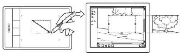 Diagram illustrating a graphic editing process: adding a pen to a drawing tablet and then to a 3D modeling interface with a map view.