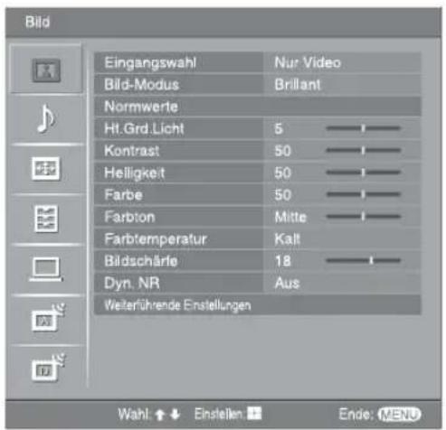 Bild Eingangswahl Nur Video Bild-Modus Brillant Normwerte Ht.Grd.Licht 5 Kontrast 50 Helligkeit 50 Farbe 50 Farbton Mitte Farbtemperatur Kall Bildschärle 18 Dyn. NR Aus Weiterführende Enstellungen Wahl ↑ ↓ Einstellen + Ende: MENU
