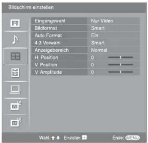 Bildschirm einstellen Eingangswahl Nur Video Bildformat Smart Auto Format Ein 4:3 Vorwahl Smart Anzeigebereich Normal H. Position 0 V. Position 0 V. Amplitude 0 Wahl ↑ ↓ Einstellen Ende: MENU