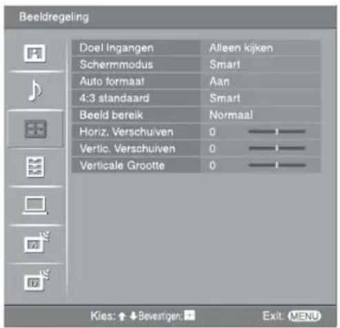 Beeldregeling Doel Ingangen Alleen kijken Schermmodus Smart Auto formaat Aan 4:3 standaard Smart Beeld bereik Normaal Horiz. Verschuiven 0 Vertic. Verschuiven 0 Verticale Grootte 0 Kies: ↑↓Bevestigen Exit: MENU