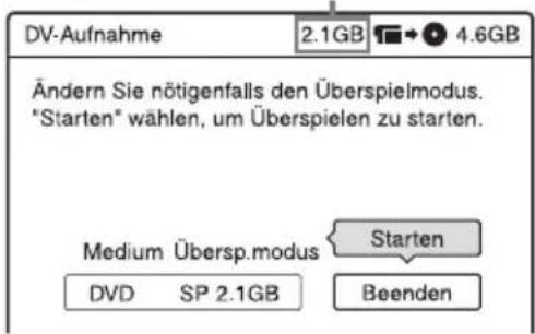 DV-Aufnahme 2.1GB 4.6GB Ändern Sie nötigenfalls den Überspielmodus. "Starten" wählen, um Überspielen zu starten. Medium Übersp.modus Starten DVD SP 2.1GB Beenden