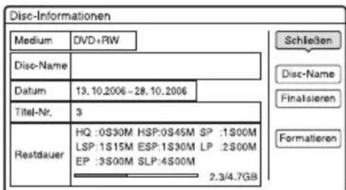 Disc-Informationen Medium DVD+RW Disc-Name Datum 13.10.2006 - 28.10.2006 Titel-Nr. 3 Restdauer HQ :0S30M HSP:0S45M SP :1S00M LSP:1S15M ESP:1S30M LP :2S00M EP :3S00M SLP:4S00M 2,3/4,7GB Schließen Disc-Name Finalsieren Formatieren