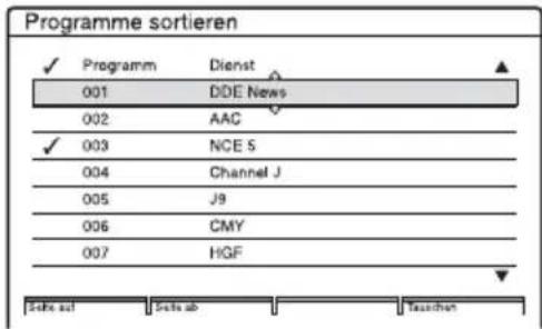 Programme sortieren ✓ Programm Dienst 001 DDE News 002 AAC ✓ 003 NCE S 004 Channel J 005 J9 006 CMY 007 HGF Sells auf Sells ab Tauschen