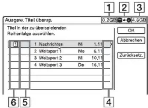 Ausgew. Titel übersp. Titel in der zu überspielenden Reihenfolge auswählen. 1 Nachrichten Mi 1.11 2 Wellsport 1 Mo 6.11 3 Wellsport 2 Mi 10.11 4 Wellsport 3 Do 16.11 OK Abbrechen Zurücksetz. 6 5 4