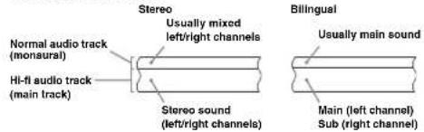 Stereo Usually mixed left/right channels Normal audio track (monsural) Hi-fi audio track (main track) Stereo sound (left/right channels) Bilingual Usually main sound Main (left channel) Sub (right channel)