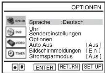 OPTIONEN OPTION Sprache :Deutsch Uhr Sendereinstellungen Optionen Auto Aus [Aus] Bildschirmmeldungen [Ein] Stromsparmodus [Aus] ENTER RETURN SET UP