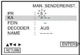 MAN. SENDEREINST. PR : 5 KA : 1 -- FEIN : - DECODER : AUS NAME : ---- ▲▼◀ ▶ RETURN ENTER$P