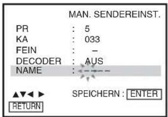 MAN. SENDEREINST. PR : 5 KA : 033 FEIN : - DECODER : AUS NAME : ---- ▲▼◀ ▶ SPEICHERN : ENTER RETURN