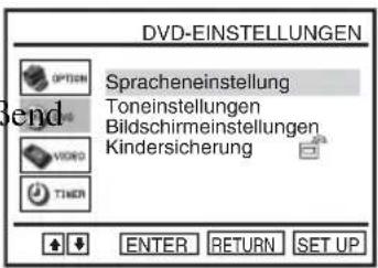 DVD-EINSTELLUNGEN OPTION Spracheneinstellung Toneinstellungen Bildschirmeinstellungen Kindersicherung VIVID TINER ENTER RETURN SET UP