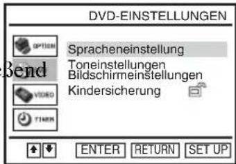 DVD-EINSTELLUNGEN OPTION Spracheneinstellung Toneinstellungen Bildschirmeinstellungen Kindersicherung Bend VIDEO TURN ENTER RETURN SET UP