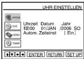 UHR EINSTELLEN OPTION EVS VIDEO TIMER Uhrzeit Datum Jahr 12:00 01/JAN /2006 SO Autom. Zeiteinst [Ein] ENTER RETURN SET UP