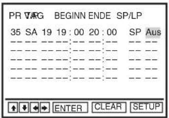 PR VARG BEGINN ENDE SP/LP 35 SA 19 19:00 20:00 SP Aus ---- ---- ---- ---- ---- ---- ---- ---- ---- ---- ---- ---- ---- ▲ ↓ ◀ ▶ ENTER CLEAR SETUP