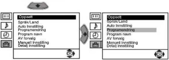 Oppsett Språk/Land Auto Innstilling Programmendring Program navn AV forvalg Manuell Innstilling Detaj innstilling Oppsett Språk/Land Auto Innstilling Programmendring Program navn AV forvalg Manuell Innstilling Detaj innstilling