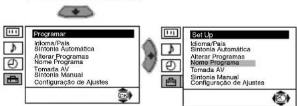 Programar Idioma/Pais Sintonia Automática Alterar Programas Nome Programa Tomada AV Sintonia Manual Configuraçao de Ajustes Set Up Idioma/Pais Sintonia Automática Alterar Programas Nome Programa Tomada AV Sintonia Manual Configuraçao de Ajustes