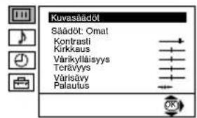 Kuvasäädöl Säädöt: Omat Kontrastl Kirkkaus Värkyläisys Torävyys Värisävy Palautus