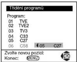 Třidění programů Program: 01 TVE 02 TVE2 03 TV3 04 C33 05 C27 06 C58 05 C27 Zvolte novou pozící: Konec: MENU
