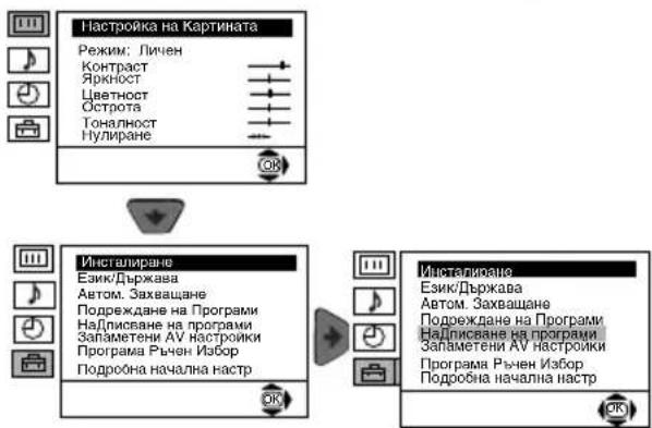 Настройка на Картината Режим: Личен Контраст Яркност Цветност Острота Тоналност Нулиране Инсталиране Език/Държава Автом. Захвашане Подреждане на Програми Надписване на програми Запаметени АУ настројки Програма Ръчен Избор Подробна начална настр Инсталиране Език/Държава Автом. Захвашане Подреждане на Програми Надписване на програми Запаметени АУ настројки Програма Ръчен Избор Подробна начална настр