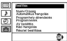 Beállítás Nyelv/Ország Automatikus hangolás Programhely-àtrendezés Programnevek AV beállítás Kézi hangolás Részlet beállítása