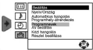 Beállítás Nyelv/Ország Automatikus hangolás Programhely-átrendezés Programnevek AV beállítás Kézi hangolás Részlet beállítása