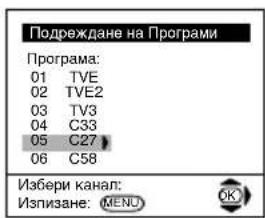 Подреждане на Програми Програма: 01 TVE 02 TVE2 03 TV3 04 C33 05 C27 06 C58 Избери канал: Изписане: MENU